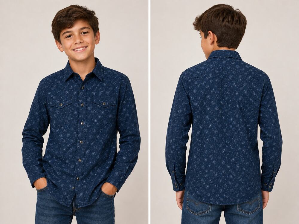 Ely Cattleman Boys Western Shirt Size M Blue Paisley Pearl Snap 100% Cotton